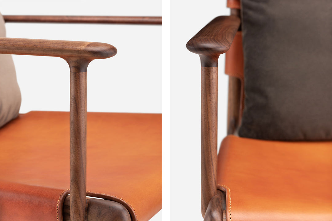 DANISH OILED WALNUT & DARK TAN LEATHER & BALBOA 29 FABRIC