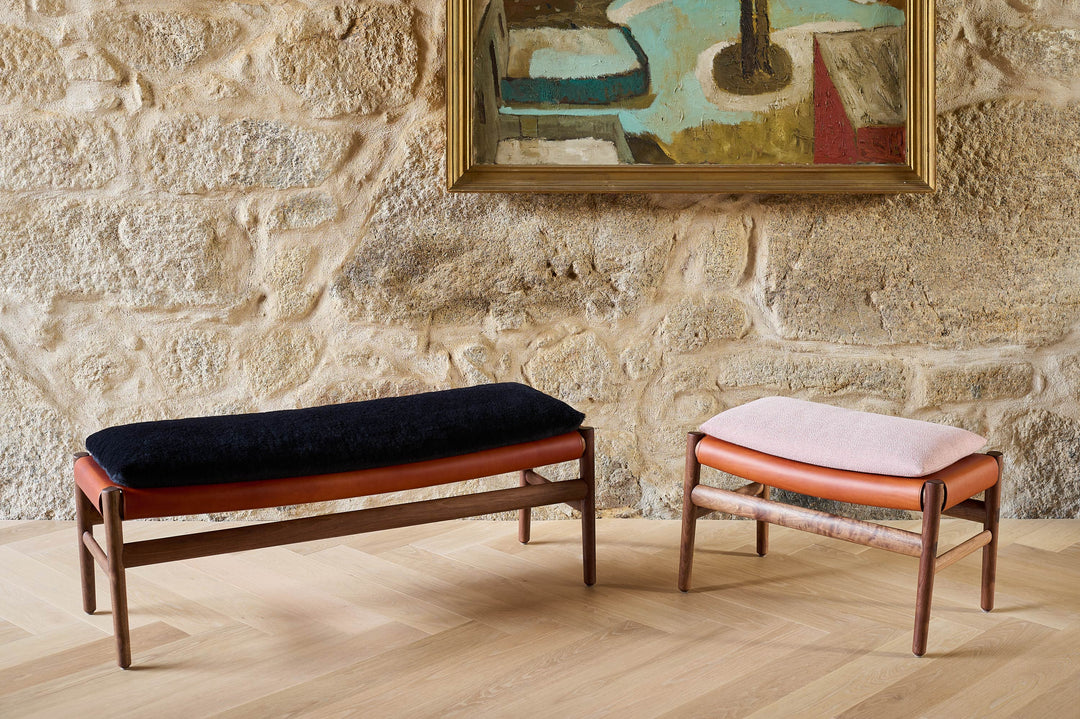 DANISH OILED WALNUT & DARK TAN LEATHER & ECRITURE 640 FABRIC (+ SELA MEDIUM BENCH)