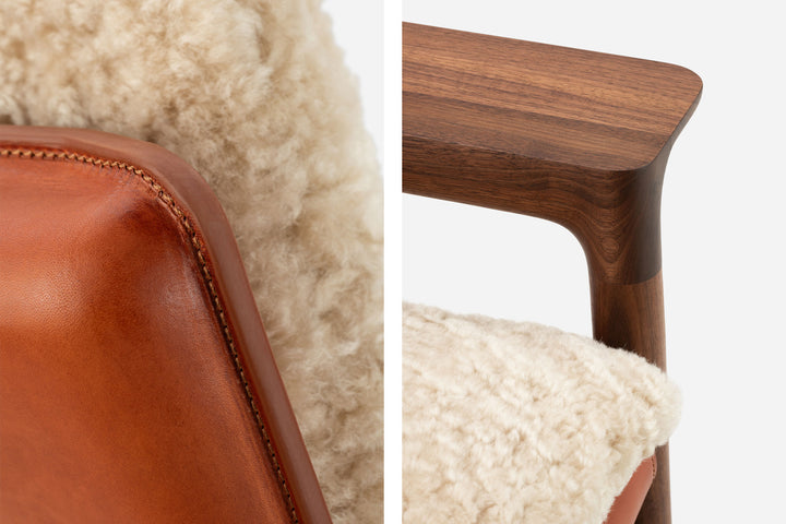 DANISH OILED WALNUT & DARK TAN LEATHER & MOHAWI CURLY WOOL SHEEPSKIN