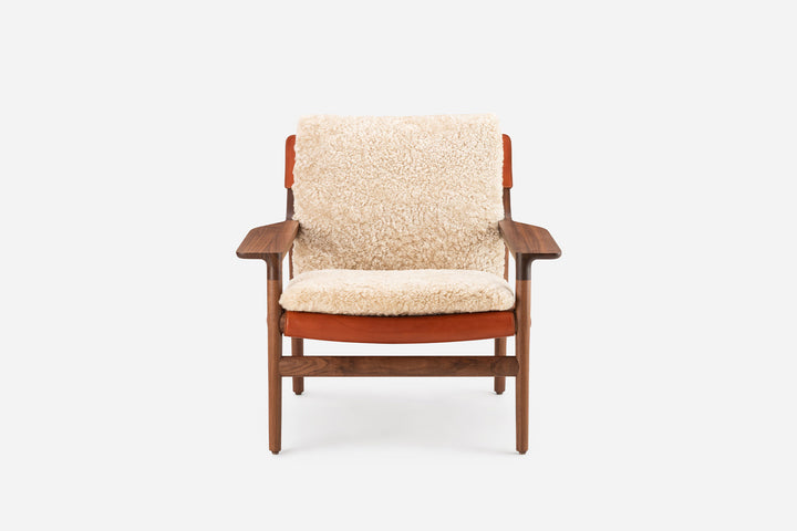 DANISH OILED WALNUT & DARK TAN LEATHER & MOHAWI CURLY WOOL SHEEPSKIN