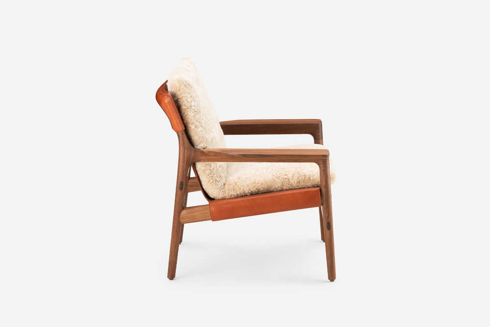 DANISH OILED WALNUT & DARK TAN LEATHER & MOHAWI CURLY WOOL SHEEPSKIN