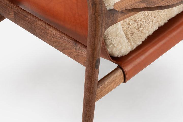DANISH OILED WALNUT & DARK TAN LEATHER & MOHAWI CURLY WOOL SHEEPSKIN