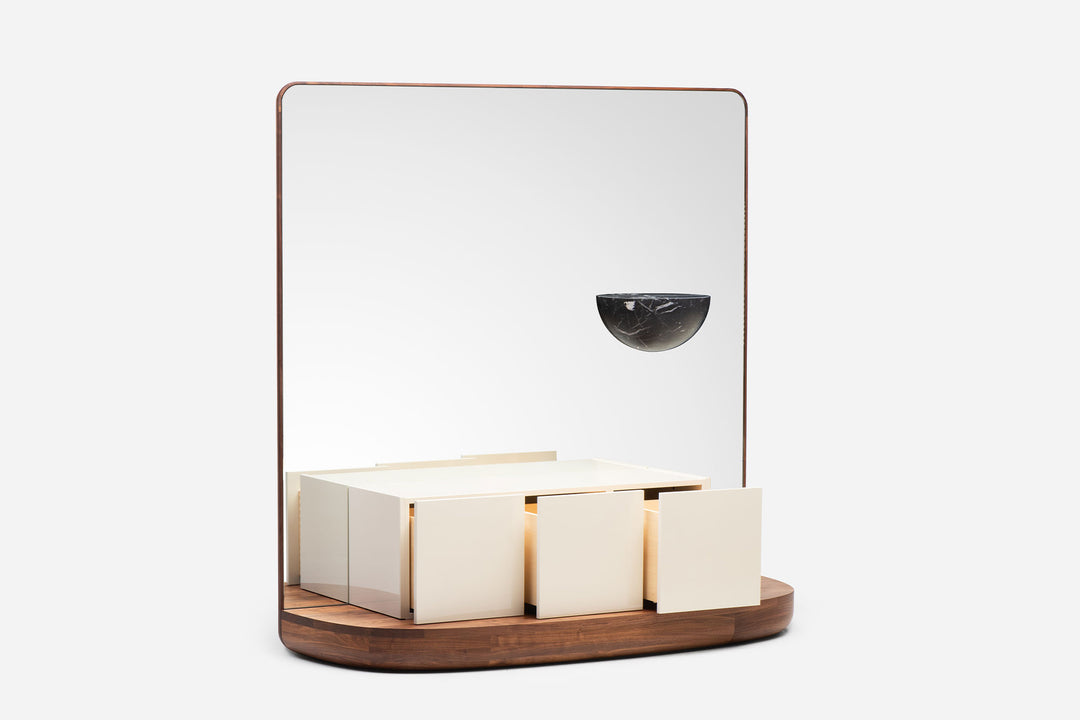 DANISH OILED WALNUT & WHITE GLOSS LACQUER & BLACK MARQUINA MARBLE