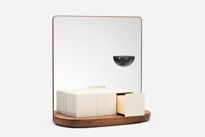 DANISH OILED WALNUT & WHITE GLOSS LACQUER & BLACK MARQUINA MARBLE