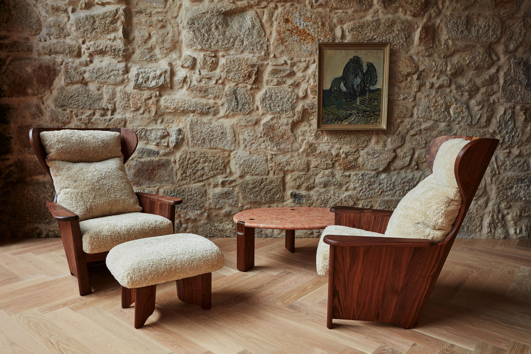 DANISH OILED WALNUT & MOHAWI SHEEPSKIN (+ TWENTY-FIVE OTTOMAN + TWENTY-FIVE COFFEE TABLE)