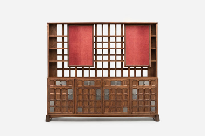 DANISH OILED WALNUT & GREY CERAMIC & MADDER RED FLORES TEXTILE LINEN (MODEL: LF)