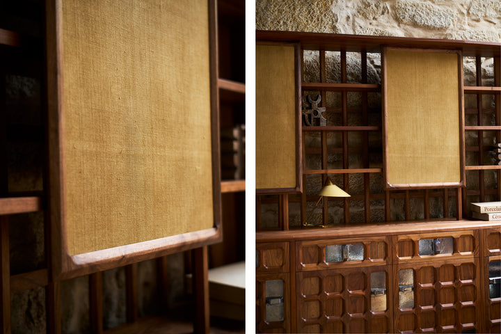 DANISH OILED WALNUT & GREY CERAMIC & OCHRE FLORES TEXTILE LINEN (MODEL: LF)