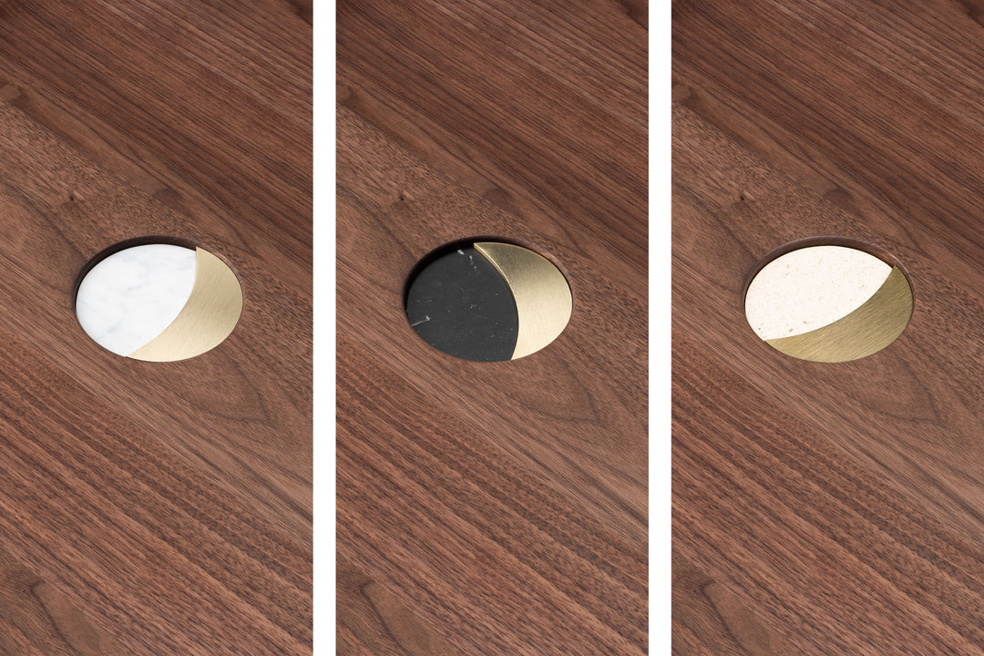 DANISH OILED WALNUT & CARRARA MARBLE, BLACK MARQUINA MARBLE, ATAIJA CREME LIMESTONE