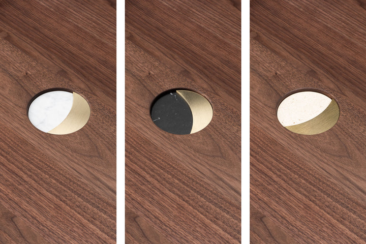 DANISH OILED WALNUT & CARRARA MARBLE, BLACK MARQUINA MARBLE, ATAIJA CREME LIMESTONE