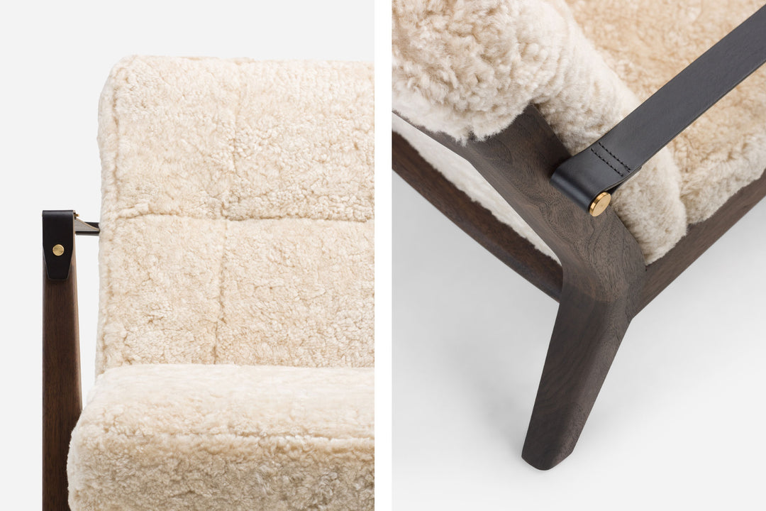 BLACK OILED WALNUT & MOHAWI CURLY WOOL SHEEPSKIN & BLACK LEATHER STRAPS