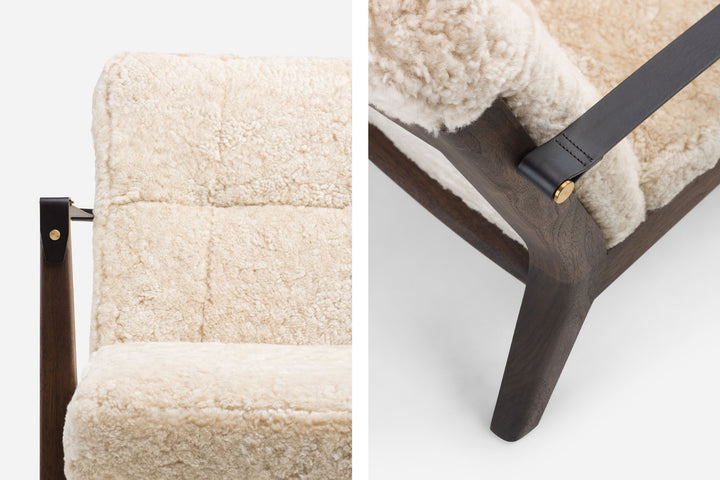 BLACK OILED WALNUT & MOHAWI CURLY WOOL SHEEPSKIN & BLACK LEATHER STRAPS