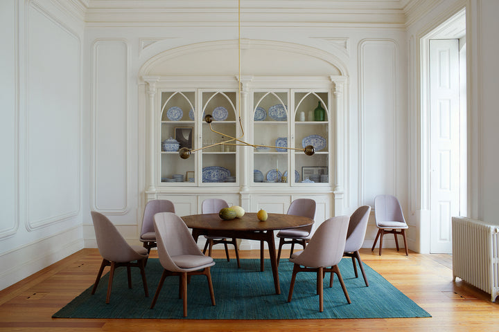 BRUSHED BRASS AND GREY GLASS (+ SOLO ROUND TABLE AND SOLO DINING CHAIR)